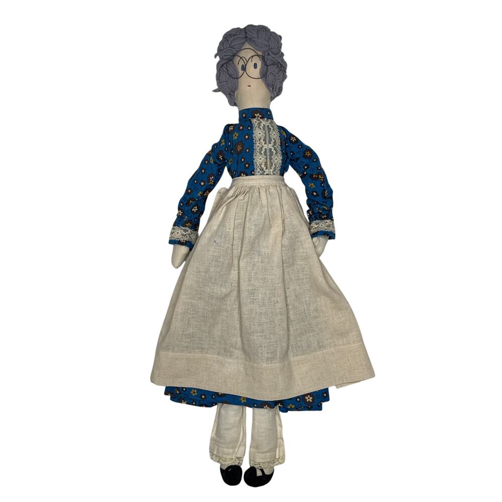 Vintage 70s Handmade Prairie Grandma Folk Art Cloth Doll wire frame glasses 27”